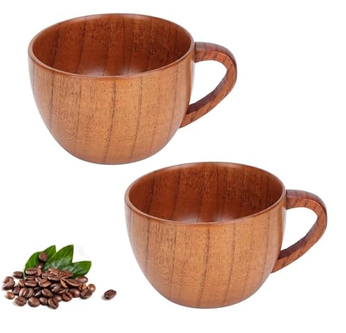 Wooden Tea Cups, 2PCS Solid Wood Tea Cup with Handle Wooden Teacups Coffee Mug Wine Mug Beer Mug Camping Cup Outdoor Travel Mug Retro Flat Coffee Mugs for Drinking Tea Coffee Wine Beer Hot Drinks
