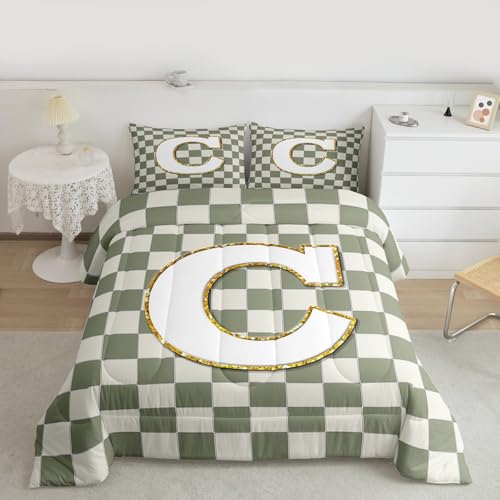 Image of Erosebridal Sage Green Checkered Kids Comforter Sets Plaid Initial C Toddler Bedding Set for Adults Personalized Monogram Comforter Set,Fashion Grids Gingham Quilt Duvet 2 Pcs