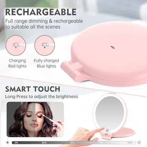 Espejo de viaje con luz, doble cara 10X, recargable rosa miniatura 4