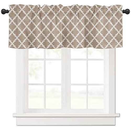 Beige Moroccan Quatrefoil Farmhouse Short Window Curtain Valances, Geometric Morocco Lattice Rod Pocket Kitchen Valances For Living Room Bedroom Bathroom Cafe, 1 Panel - 54" X 18" #TOP23