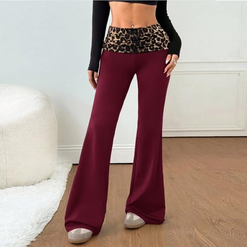 Pantalon évasé pour femme léopard taille basse à jambe large en coton