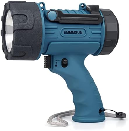 EMMMSUN Rechargeable Spotlight with 6000 Lumens, 3 Light Modes and USB Charger for Hiking, Camping, Boating, Hunting, IP67 Waterproof Handheld Flashlight (Blue)