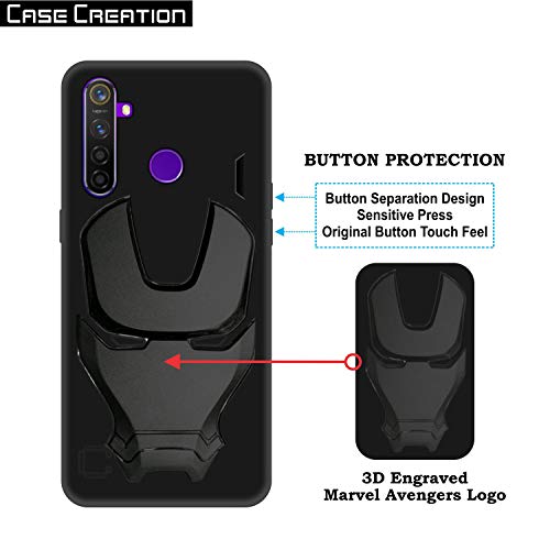 Image of COVERLY Official 3D Touch Feel Trending Avengers Logo Mask Soft Rugged Grip Silicone Iron Man Super Power Cartoon Movie Engraved Silicone Matte Back Cover for Realme 5 (6.53 inch) - Black