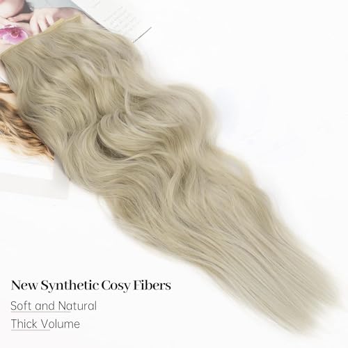 PORSMEER Ash Blonde Invisible Wire Hair Extensions with Transparent Wire Adjustable Size 4 Secure Clips 20 inch Long Wavy Secret Hairpiece,Gray Blonde - Image 3