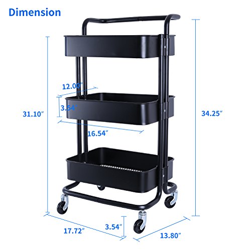 3-Tier Metal Mesh Utility Rolling Cart with Removable Handle and Plug, Indoor or Outdoor Storage Organizer, Black