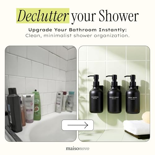Image of Shampoo and Conditioner Dispenser Wall Mounted Set of 3 Black | 500 ml Shower Gel Dispenser Set of 3. Refillable Shampoo and Conditioner Bottles. Drill Free Secure Design. Black