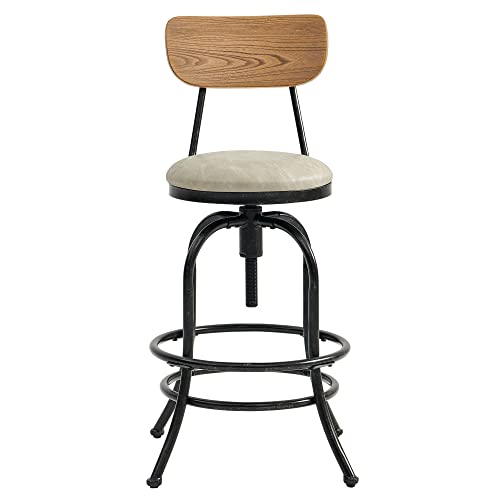 Watson & Whitely Industrial Bar Stools, 26-32 Inch Faux Leather Upholstered Adjustable Swivel Round Wood Metal Bar Stool With Back, Counter Height Extra Tall Bar Stool, Set Of 2, Sand Grey #TOP4