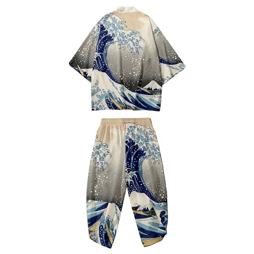 Image of DOSLAVIDA Men's Japanese Kimono Jacket Set Stylish Open Front Coat With Shorts Chinese Style Printed Cardigan Suit