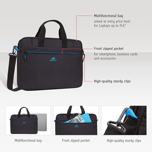 Image of RivaCase Regent 8037 Black Laptop Bag 15.6 inch Inches Smart Design Durability for both Versatility and Style Briefcase for Macbook Laptop with Smart Organizer, Professional Bag for Business, Work, Travel