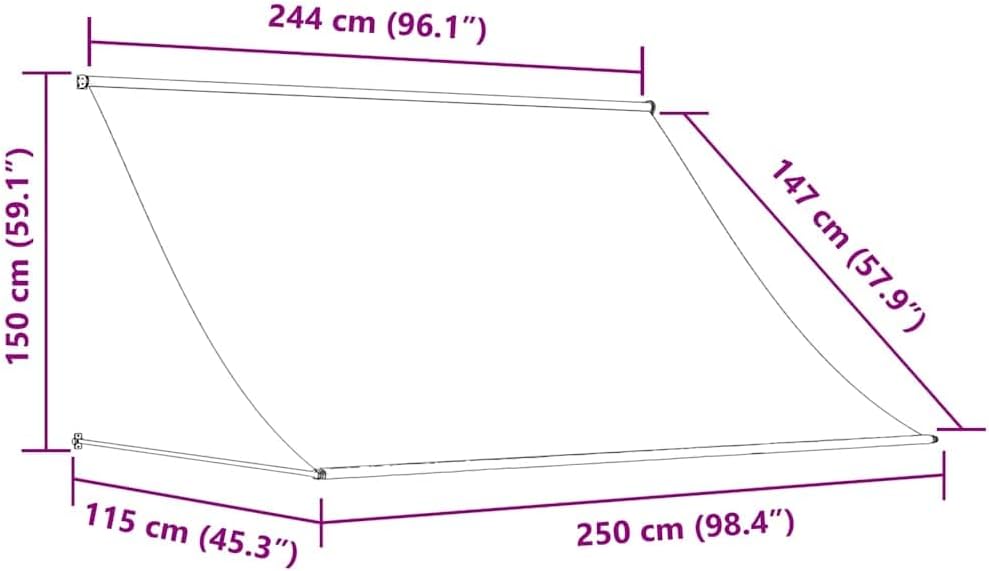 Technical drawing showing the dimensions of the vidaXL Retractable Awning: 244 cm (96.1 inches) top width, 250 cm (98.4 inches) bottom width, 150 cm (59.1 inches) height, 147 cm (57.9 inches) diagonal length, and 115 cm (45.3 inches) projection.