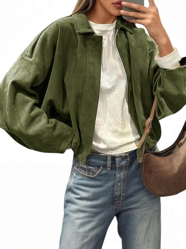 Cicy Bell Womens Faux Suede Bomber Jackets Oversized Cropped Zip Up Lapel Coats Fall Casual Outerwears