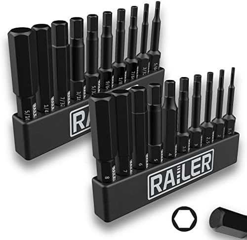 Railer 20-PC Hex Head Allen Wrench Screwdriver SAE & Metric Hex Bit Set. S2 Steel Impact Driver 2" Hex Bits for IKEA Furniture Assembly