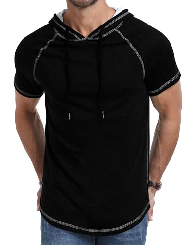 Aiyino Men's Short Sleeve Hoodie Workout Gym Sweatshirt Muscle Fit Fashion Athletic Hoodies Pullover Cotton Hooded T-Shirts