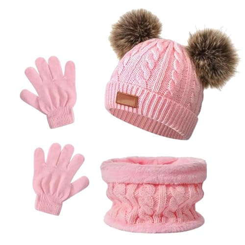 Image of MUNSKT 3Pcs Kids Winter Warm Beanie Hat Scarf Gloves Set for 1-5 Years Old Boys Girls. Winter Accessories Sets for Children Outdoor Sports, Knit Thick Warm Fleece Lined Thermal Sets (Lightpink)