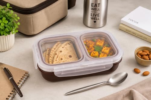 Image of Bento Lunch Box 550ml, Stainless Steel Lunch Box with 2 Compartments & Spoon, Microwave Safe BPA Free Tiffin Box, Leak Resistant Lunch Box for Kids & Adults, Office, School & Travel Brown