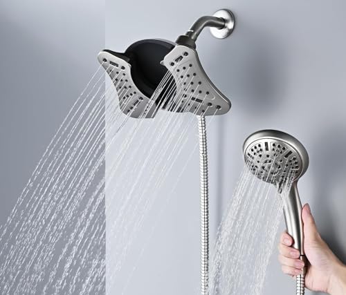 Image of GRICH Shower Head with Handheld Spray - Dual High Pressure Showerhead | Rainfall Shower Heads Combo, Detachable Hand Shower, 9 Spray Settings, 60 inch Stainless Steel Shower Hose, 1.8GPM, Nickel