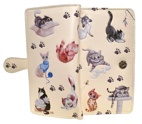 Shag Wear Playful Cats Large Wallet for Women and Teen Girls Vegan Faux Leather Beige 7"3