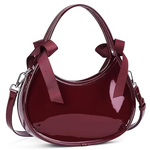 Image of Small Purse for Women Burgundy Clutch Purse Patent Leather Shoulder Handbag | Small Crossbody Purse with Bow Decoration
