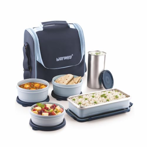 Image of WARMEO Micro Meal Microwave Safe Lunch Box | 1 Rectangular Container 600ml + 2 Round Containers 350ml Each + 1 Round Container 250ml + 1 Steel Tumbler 500ml | Office,School,Picnic,Blue