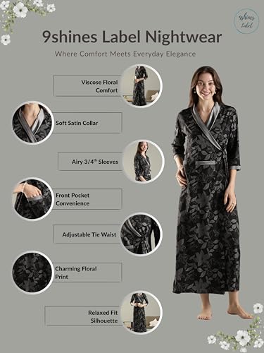 Image of 9shines Label Stylish Cotton Nighty Robe for Women | Front Open Floral Housecoat | Wrap Nighty with Pocket | Adjustable Waist Tie | Plus Size housecoat (HC-2026)