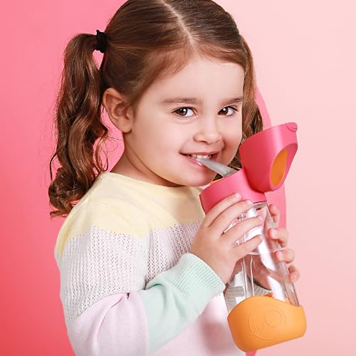 Image of b.box Tritan Straw Kids Water Bottle 450ml | School Bottle for Kids, BPA Free Straw Bottle | Leak Proof Bottle for Travel | Easy Grip Triangular Design & Handle | Pink Orange