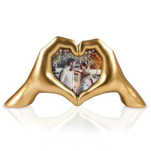GUSFREUD Gold Heart Hands Sculpture with Picture Frame, Unique Wedding Gift Idea for Couples, Romantic Anniversary Statues for Women, Wife, Her
