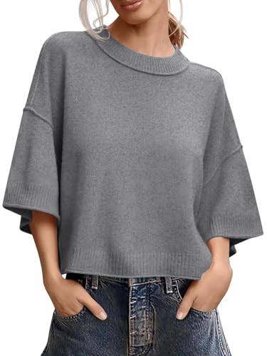 Image of Women's Short Sleeve Cropped Sweaters 2025 Summer Oversized Loose Fit Drop Shoulder Casual Sweater Tops