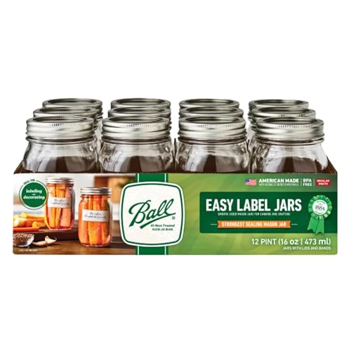 Ball Regular Mouth Easy Label Glass Mason Jars with Lids and Bands Used for Canning Pickling Juice Jam Jelly Pint Size 16 Ounce (Pack of 12)