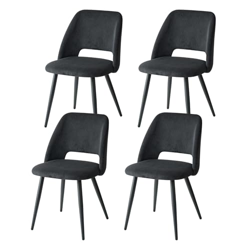 GrandCA HOME Lot de 4 Chaises de Salle à Manger Modernes, Dossier Creux en Velours Côtelé, Rembourrées, pour Salle à Manger, Cuisine, Salon et Chambre (Noires)