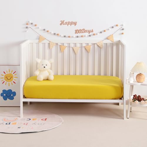 Image of NTBAY 2 Pack Muslin Cotton Mini Crib Sheets, Soft and Breathable Double Layer 24x38 Baby Crib Sheets for Mini Crib and Toddler Mattresses, Boys, Girls, Unisex, Ginger Yellow, 24x38 Inches