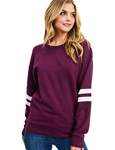 esstive Women's Ultra Soft Fleece Lightweight Casual Stripe on Sleeves Varsity Solid Sweatshirt, Plum, Large