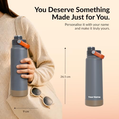 Image of Rabitat Hyde Personalized Vacuum Insulated Stainless Steel Water Bottle 1000 ml | Double Wall Vacuum Insulation|18 /8 Food Grade Steel | Leak Proof | Wide Mouth | Ring Handle | BPA Free | Phantom Black