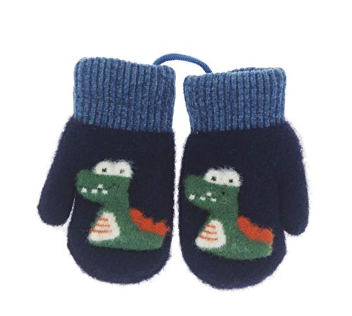 Toddler Boys Girls Dinosaur Winter Warm Knit Mittens with String Kids Baby Soft Thick Fleece Lined Gloves