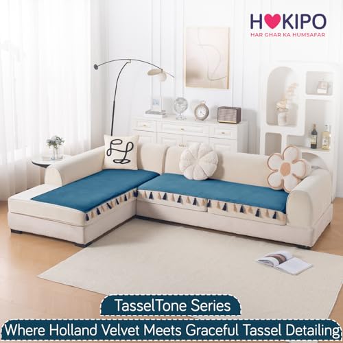 Image of HOKIPO Tassel Tone Holland Velvet Sofa Cover L Shape 4 Seater Mat, Sea Blue