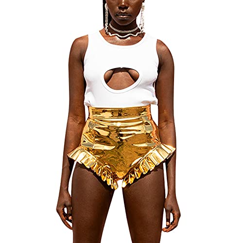 Women Sexy Shorts Y2K Shinny Metallic Shorts Summer High Waist Ruffle Trim 90s Stylish Bodycon Night Out Club Pants (Golden, Small)