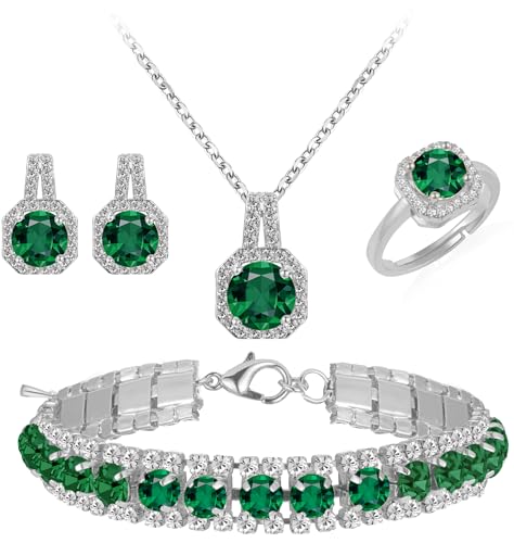 4pcs Wedding Jewelry Sets for Bride & Bridesmaid - Cubic Zirconia Pendant, Earrings, Link Tennis Bracelet & Open Ring Set (Silver Plated Emerald Green Cubic Zirconia)