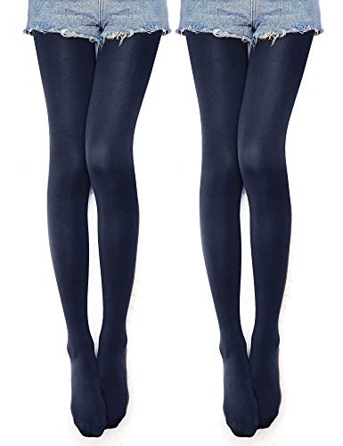 VERO MONTE [Pack of 2] Opaque Elastic Tights For Women - Navy Footed Tights, L