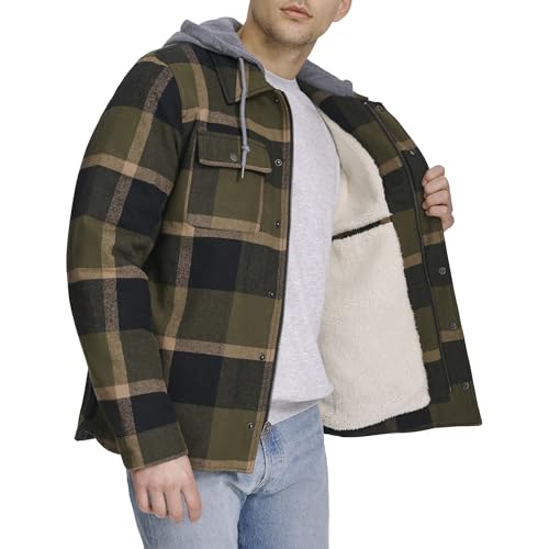 Image of Levi's mens Plaid Sherpa Lined Hooded Shirt Jacket (Regular & Big & Tall Sizes)