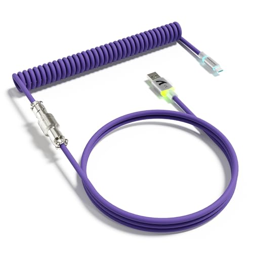 Image of ATTACK SHARK C01 ULTRA Coiled USB C Cable Double Sleeved with RGB Light Plug,Detachable Metal Aviator,USB-C to USB-A Mechanical Gaming Keyboard Cable for Win Mac PS4 Xbox Switch Printer Tablet(Purple)