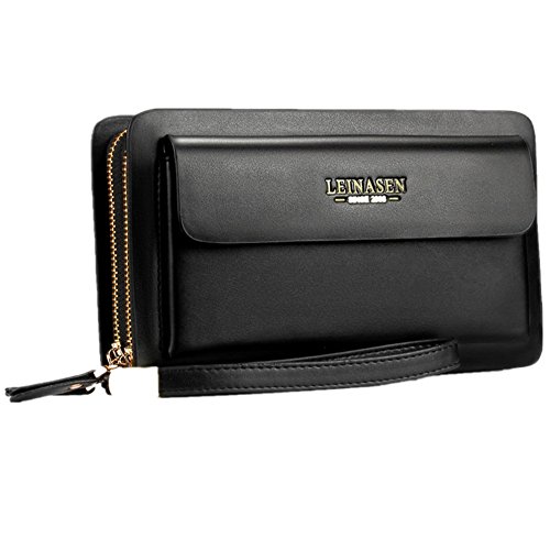 Cuir Homme Long Portefeuille Hommes Pochettes Zipper Portefeuille Multifonction Homme Sac à Main en Cuir Titulaire de la Carte (Noir)
