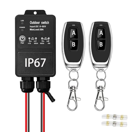 12V Remote Control Switch. IP67 Waterproof DC8-80V 30A Relay Wireless Switch with 328FT Long Range 433mhz Remote Kit for Lighting Door Water Pump Motor (DC 8-80V)