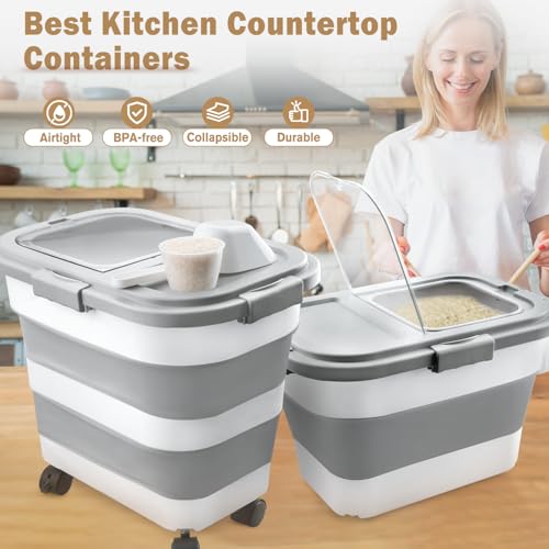Komzon Rice Storage Container, Collapsible Airtight 10-40 Lb Rice Storage Container, Pet Dog Food Storage Container 25lb, Rice Dispenser Bin with Cup and Scoop for Flour Cereal Pasta Grain, Cat Bird