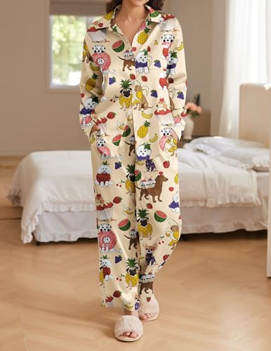 Ekouaer Womens Satin Silky Pajama Set 2 Piece Print PJs Soft Loungewear Button Down Sleepwear with Elastic Waist Long Pants