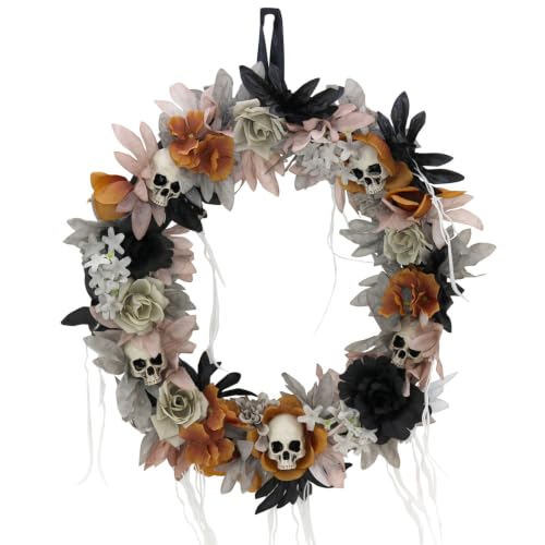 Haunted Hill Farm 1.8-Ft. Gothic Skull Wreath with Multicolor Flowers