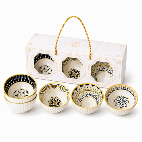 Image of Japanese Style Ceramic Bowl Set of 6 with Gift Box | 300ml Snack Dessert Soup Bowls, Ribbed White Bowls with Handcrafted Patterns, Microwave & Dishwasher Safe (Golden Eclipse)
