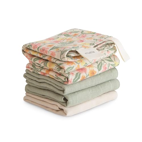 Image of mushie Muslin Organic Cotton Washcloths 5-Pack (Pastel Blooms Combo) | Soft Wipes for Baby Cleanups and Bathing