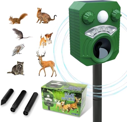 Joomouney Repelente de gatos, repelente de gatos de jardín, disuasorio de animales, disuasorio solar ultrasónico con sensor PIR y flash, 5 modos de ajuste, IPX4 impermeable, carga solar USB para
