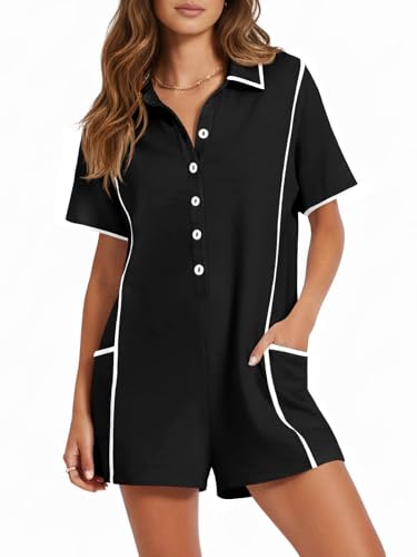 Fisoew Womens Casual Rompers Summer Short Sleeve Polo V Neck Button Down Loose Fit Short Jumpsuits Outfits with Pockets