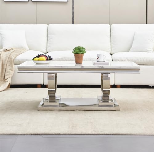 47\" Coffee Table with White Marble Top, Modern Rectangular Faux Marble Coffee Table with Silver Stainless Steel Pedestal, Luxury White Cocktail Center Table for Living Room - Thumbnail 4