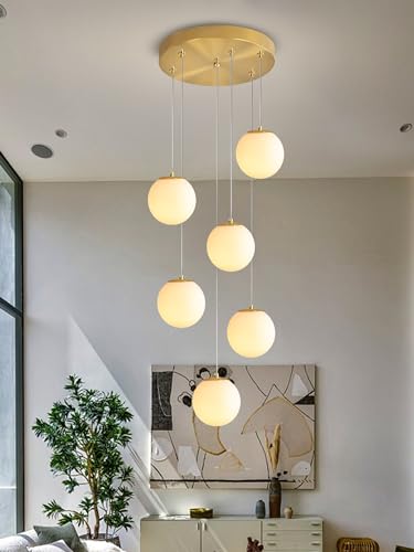 ykolupty 6-Light Chandelier with White Globe Glass Dimmable Ceiling Light Glass Pendant Light for Kitchen Island, Dining Room, Living Room, Entry Hallway, LED Bulbs Included